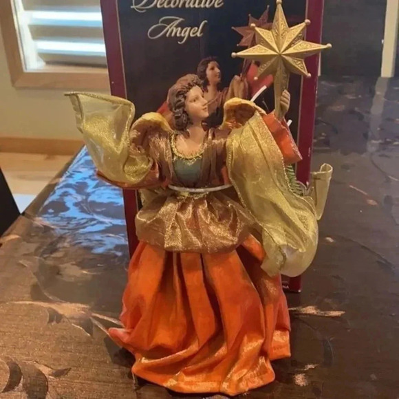 CHRISTMAS Kirkland 9" Decorative Angel Orange Gold Dress Holding Star NEW - Picture 3 of 8